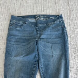 Amazon Women's Light Blue pull on jeans with raw hem. Super soft and stretchy
